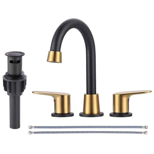 Black and Gold 8 Inch Widespread Bathroom Faucet with Drain