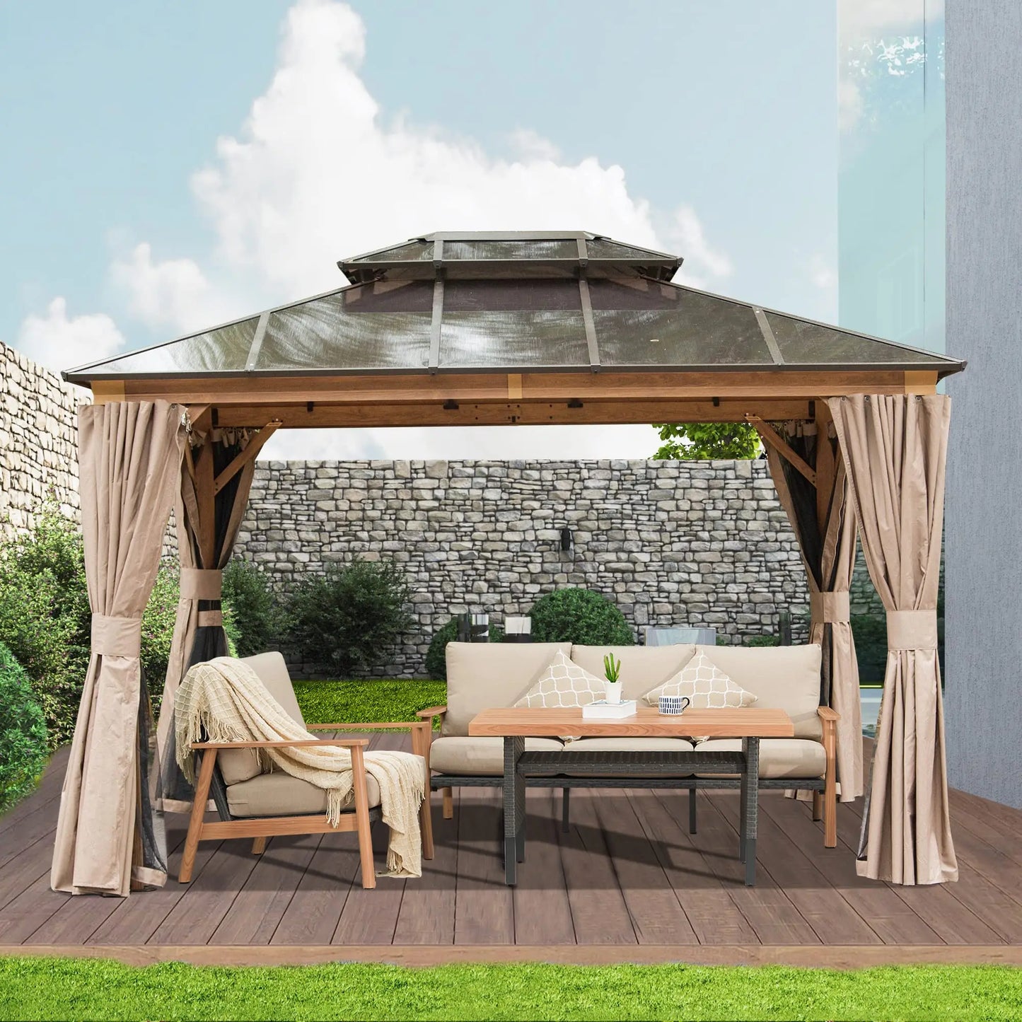 Hardtop Gazebo Aluminum Frame Polycarbonate Double Roof Wooden Coated Patio Deck