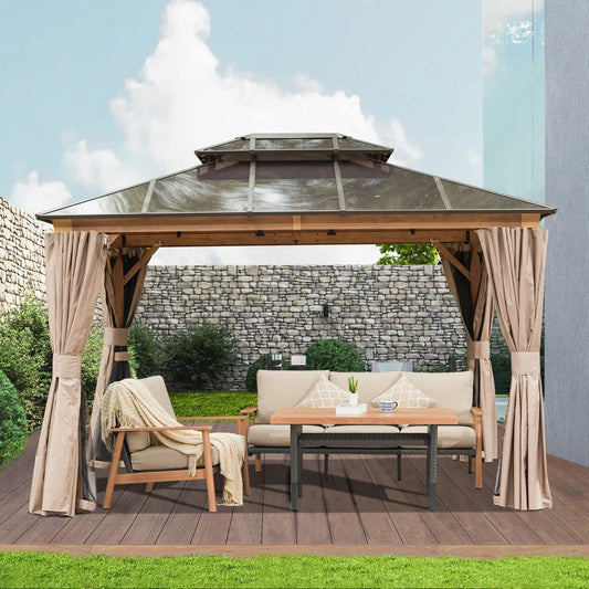 Hardtop Gazebo Aluminum Frame Polycarbonate Double Roof Wooden Coated Patio Deck