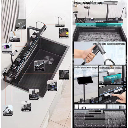 Black Temperature Display Smart Faucet Pull Down Sprayer Waterfall Kitchen Sink Faucets