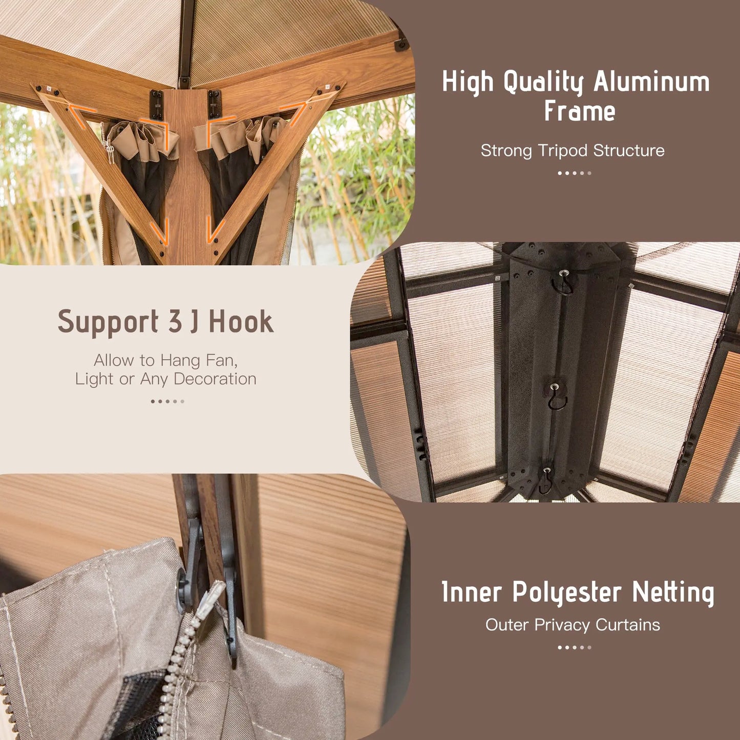 Hardtop Gazebo Aluminum Frame Polycarbonate Double Roof Wooden Coated Patio Deck