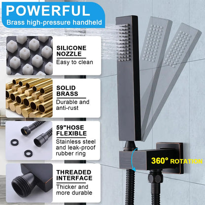 Matte Black 16" Rain Shower System - Thermostatic Full Body Shower Head with 3-Way Mixing Valve