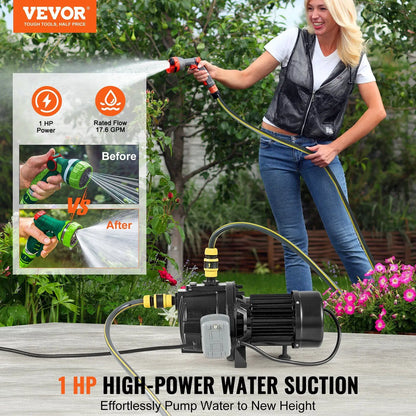 1HP Premium Cast Iron Shallow Well Jet Water Pump 115 Volt 17.6 GPM 164 FT Max Head High-Rise Water Supply Shower Booster for